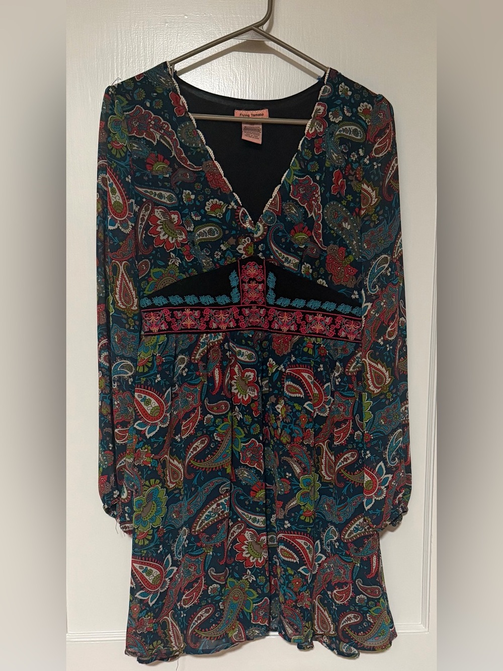 Flying Tomato Teal Paisley V-Neck Tunic with Pink Embroidery